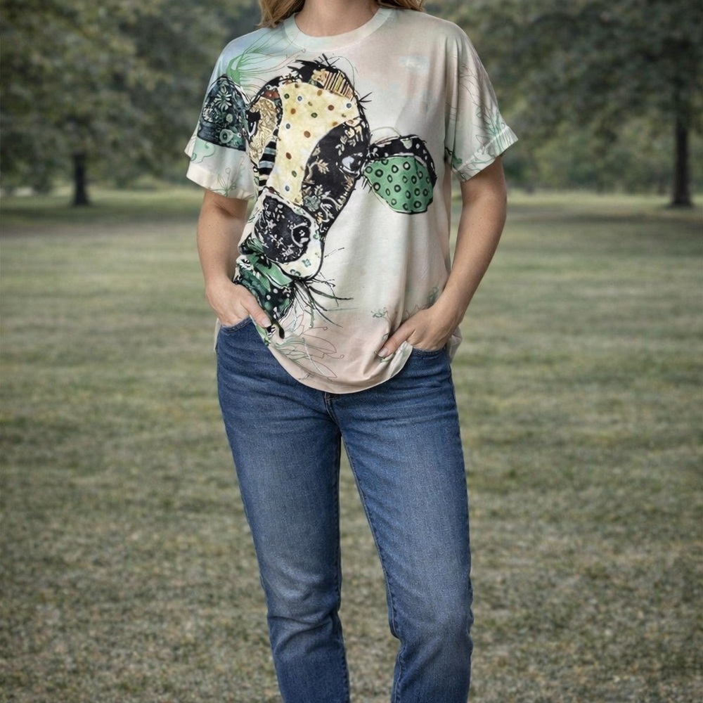 Miss‎ Look T Abstract Cow Art Graphic T Pastel Shirt Sleeve Top Women's Large